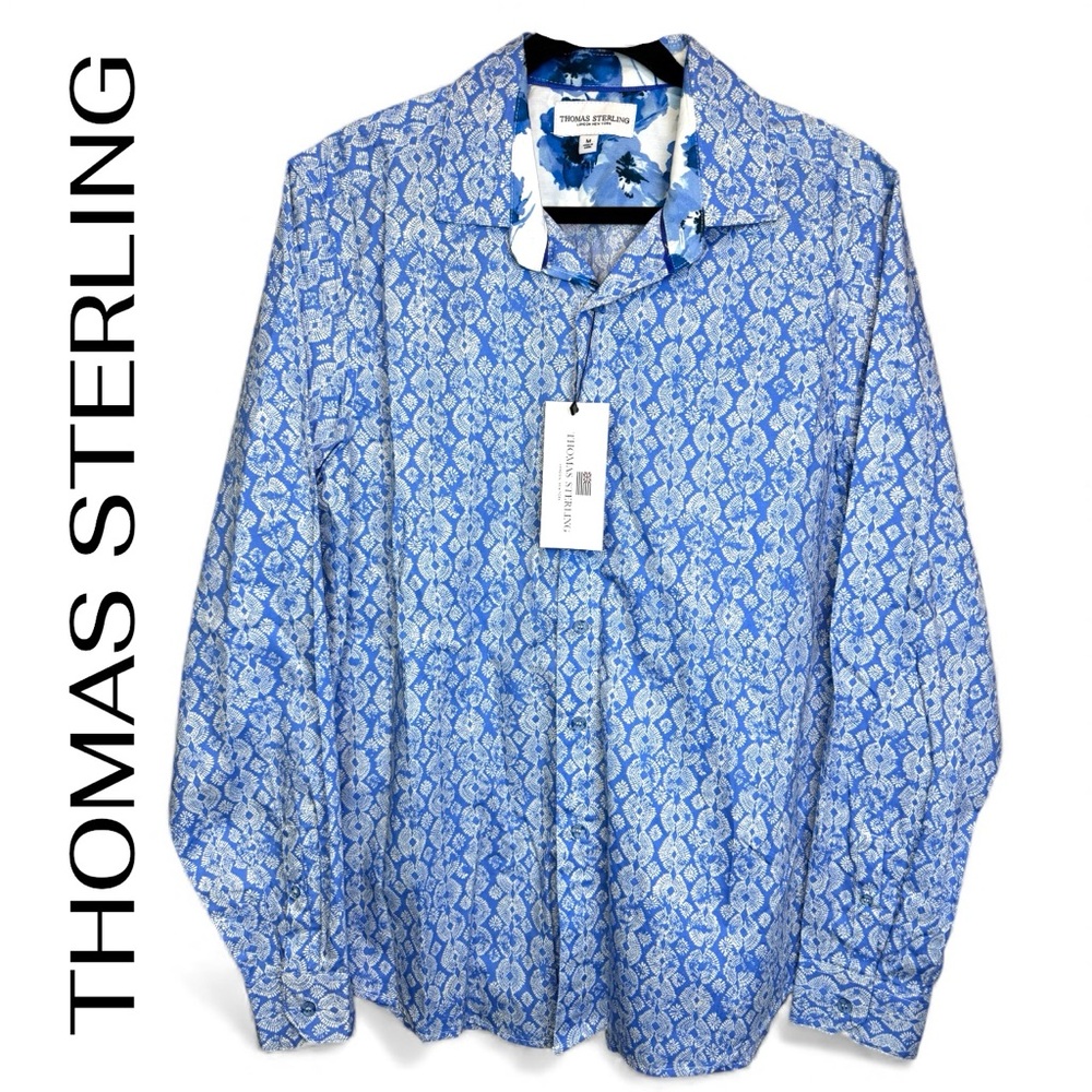 THOMAS STERLING - Men's Blue Patterned Dress Shirt Size Medium NEW